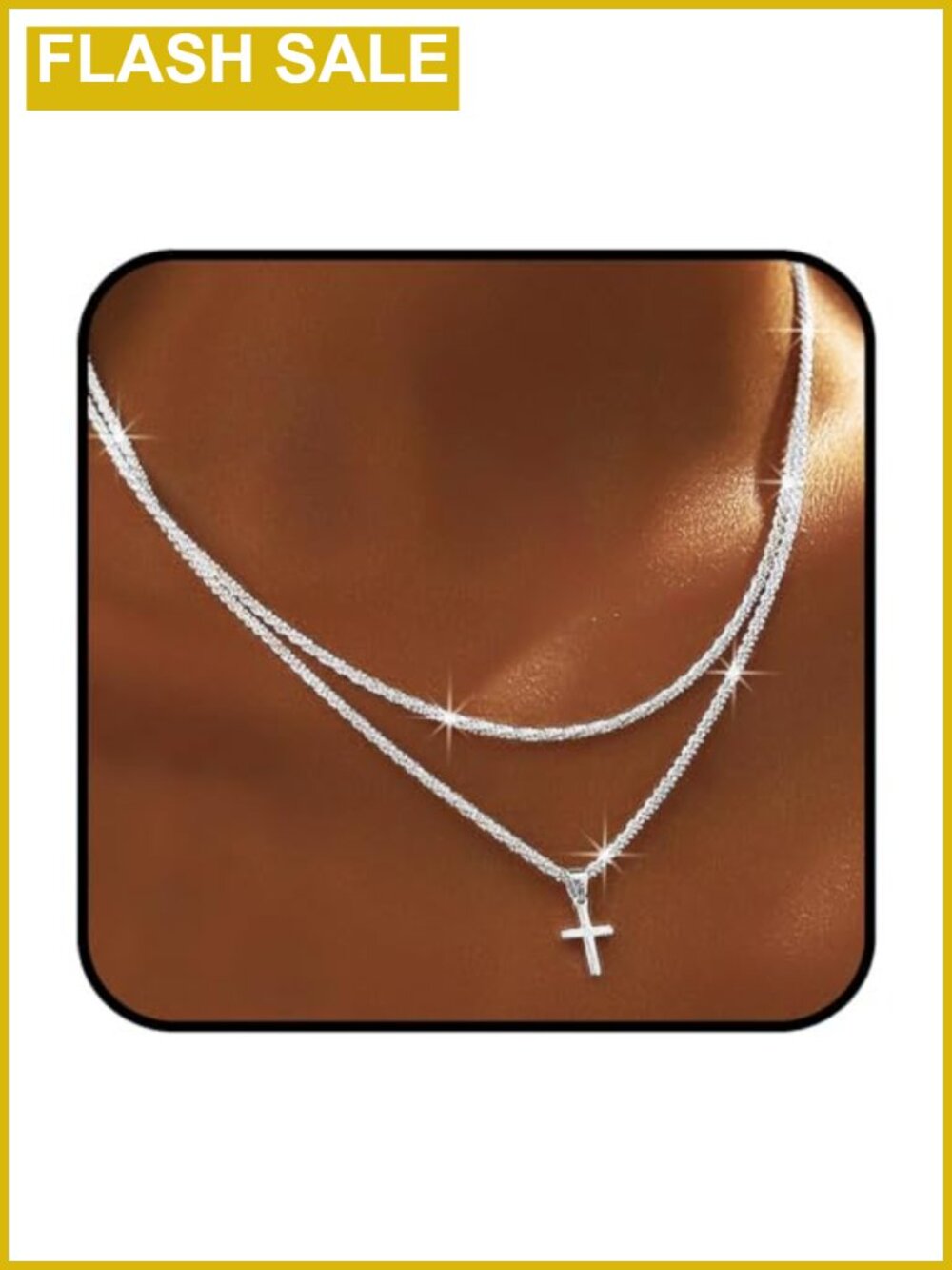 925 Sterling Silver Plated Layered Chain Necklace Cross Pendant Paperclip